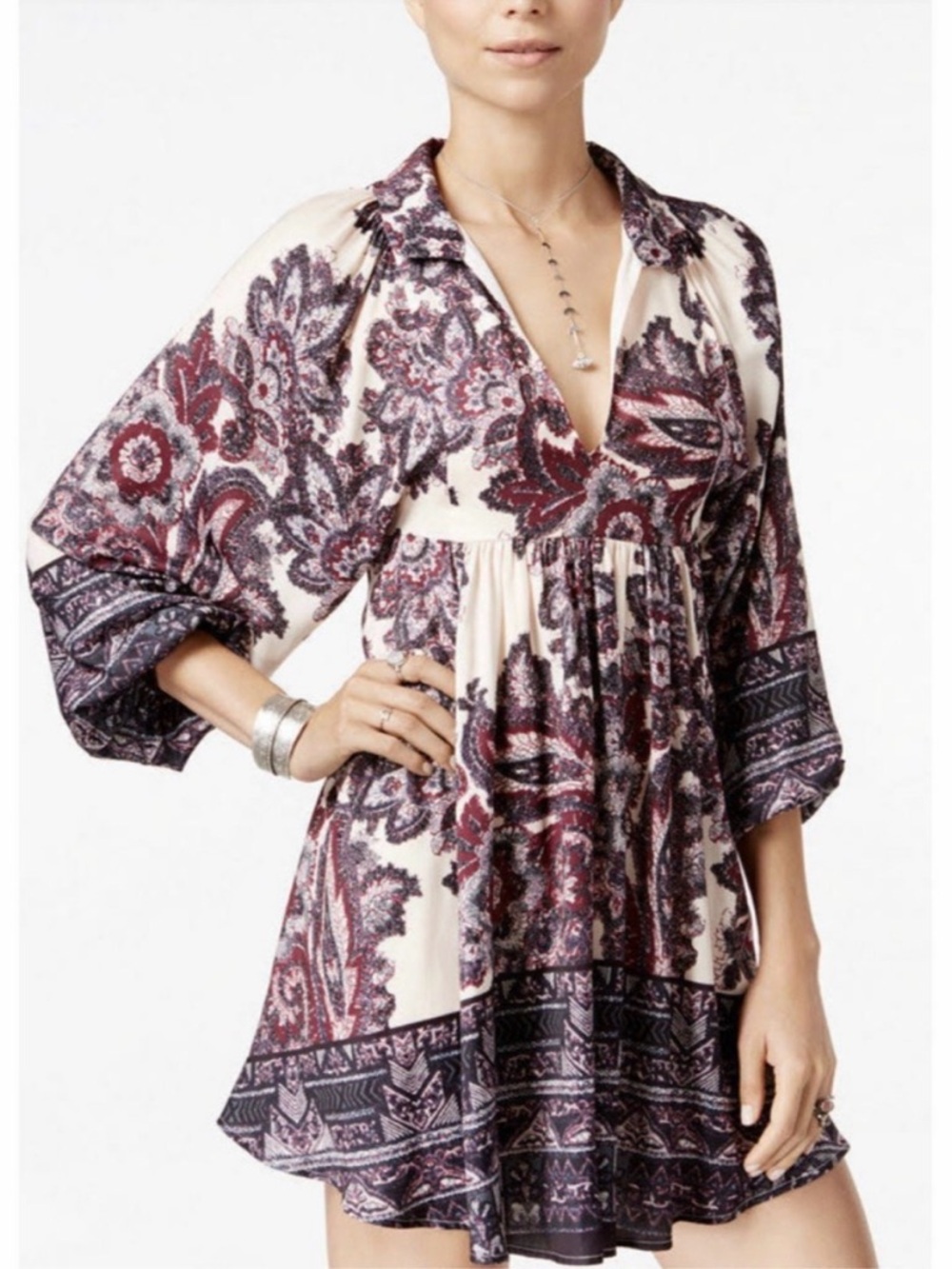 Free People Say You Love Me Boho Floral V-Neck Tunic Mini Dress Medium